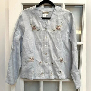 Coldwater Creek | Light Sky Blue Linen Button Down Floral Embroidered Blouse M